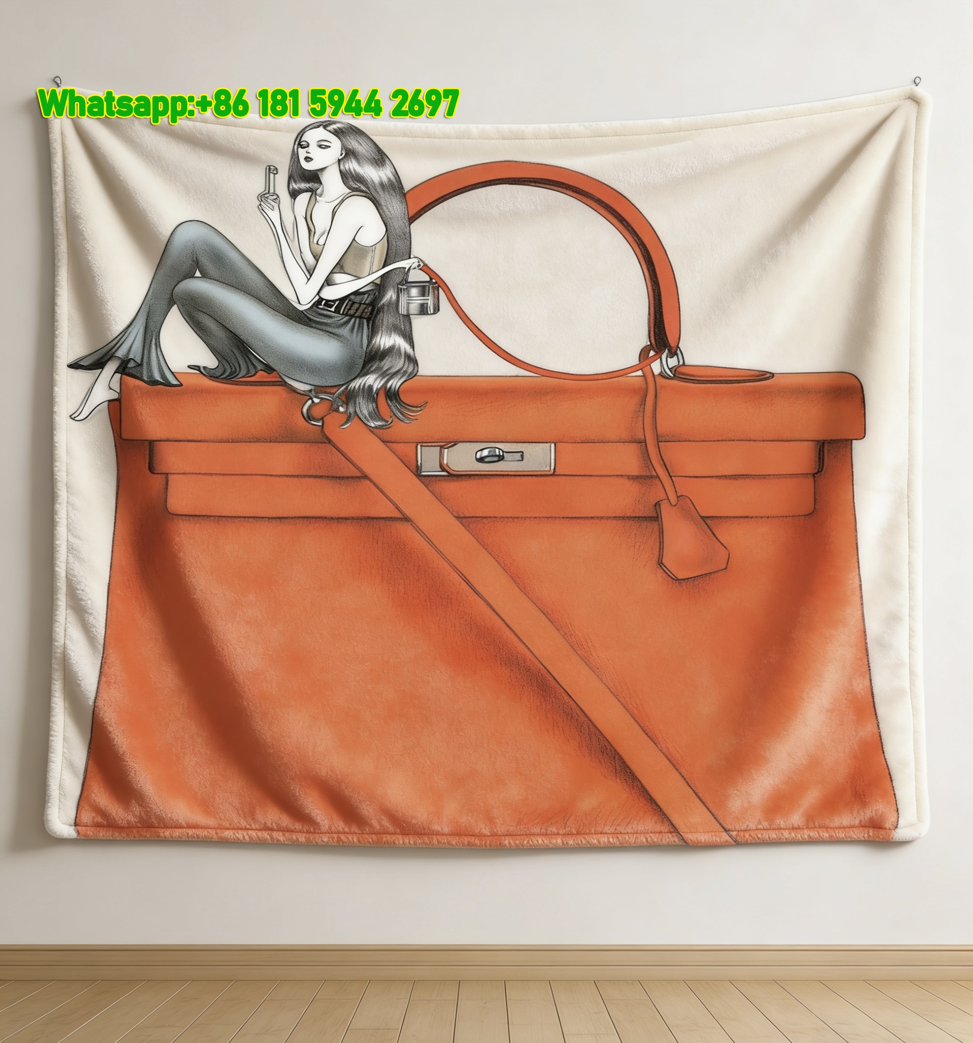 Hermes Fashion Girl & Orange Kelly Bag Flannel Throw Blanket IMG_5488